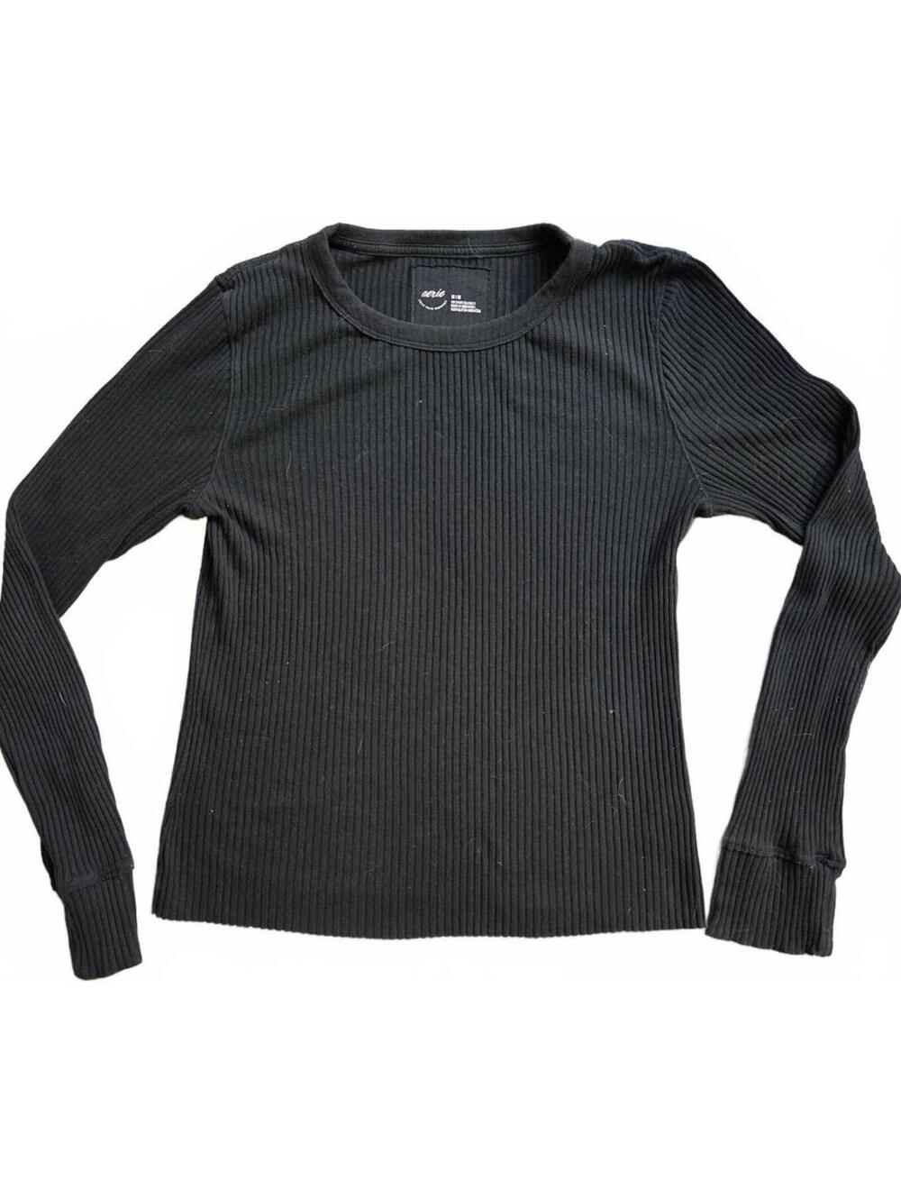 Aerie Black Ribbed Long Sleeve Top Size Medium